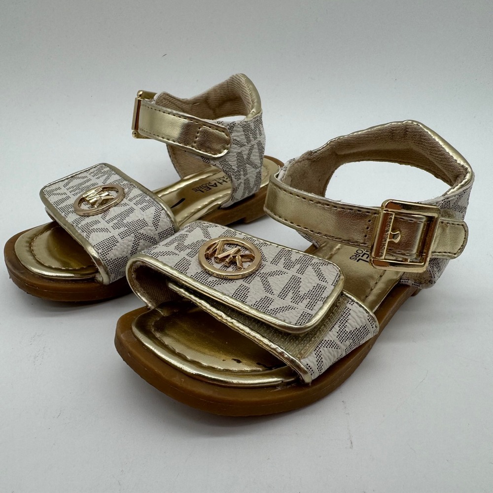 Michael Kors Girls Sandals Size 7 White MK Logo Gold Kieran Ankle Strap